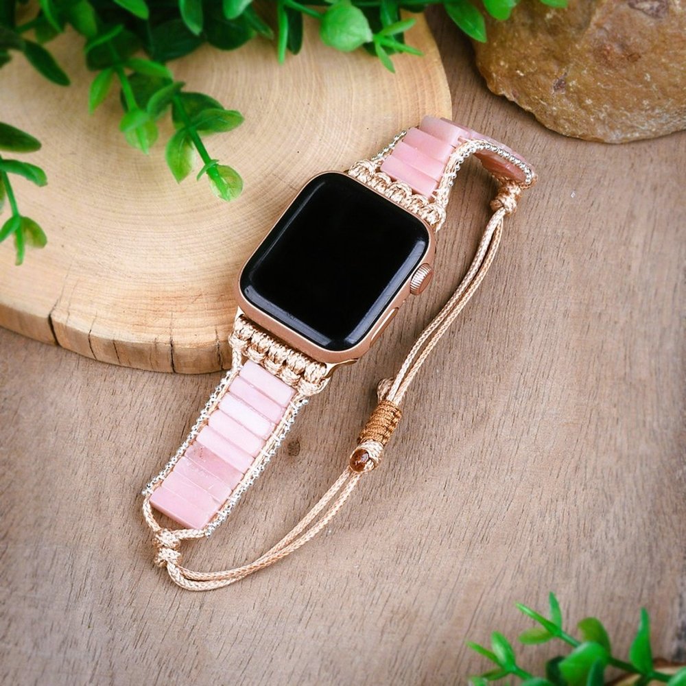 Natural Pink Opal Stone Crystal Beaded Strap Watch Band for 38 40mm Apple iWatch